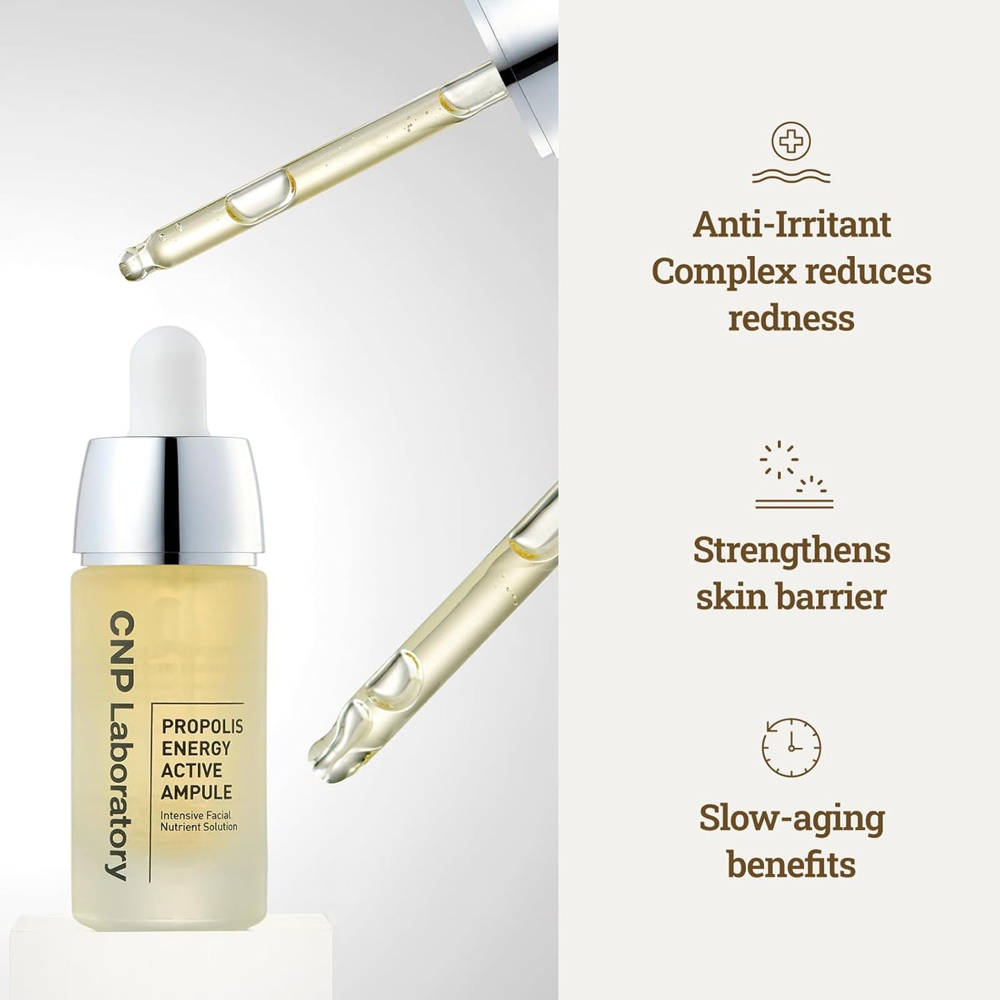 CNP Laboratory propolis energy active ampoule with dropper highlighting benefits of Anti-irritant complex reduces redness, strengthens skin barrier and slows aging