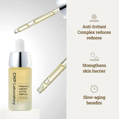 CNP Laboratory propolis energy active ampoule with dropper highlighting benefits of Anti-irritant complex reduces redness, strengthens skin barrier and slows aging