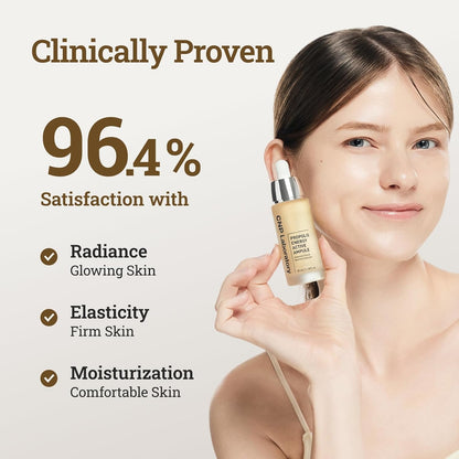 Woman holding CNP Laboratory Propolis Energy Active Ampule with clinical satisfaction statistic of 94% for radiance glowing skin, elasticity, and moisturization