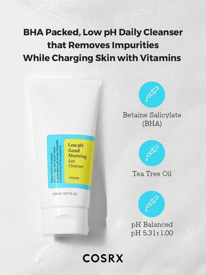 COSRX Low pH Good Morning Gel Cleanser with text detailing key ingredients of Betaine Salicylate (BHA), Tea Tree Oil, pH Balanced at pH 5.31 
