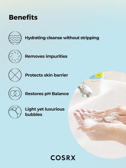 COSRX Low pH Good Morning Gel Cleanser benefits listed as hydrating cleanse without stripping, removes impurities, protects skin barrier, restores pH balance