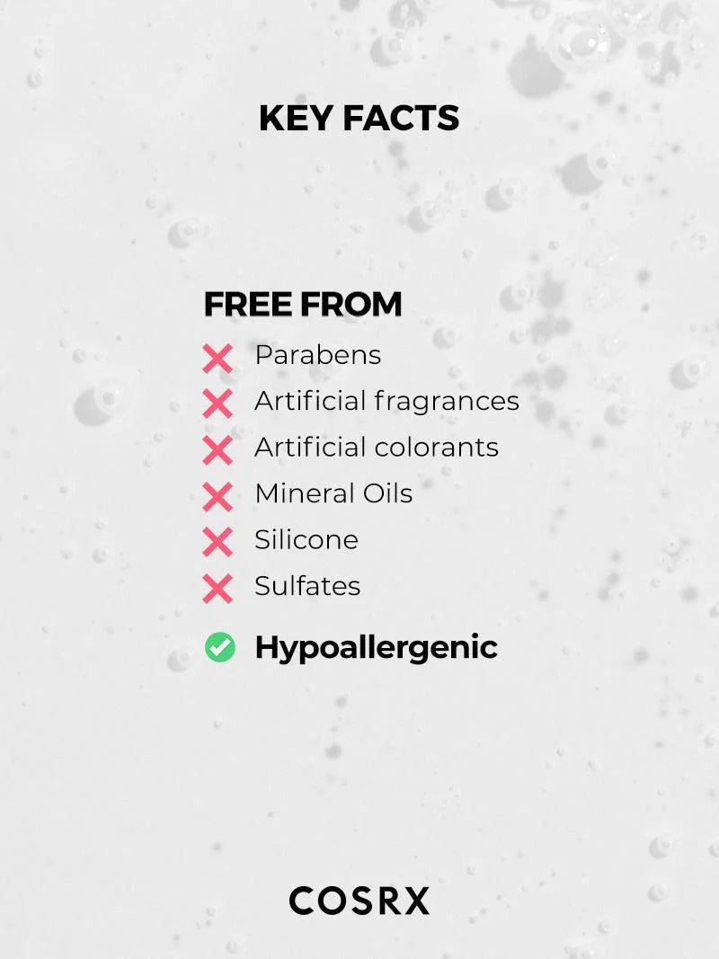 Key facts about COSRX Low pH Good Morning Gel Cleanser being free from  parabens, artificial fragrances, artificial colourants, mineral oils, silicone, sulphates and is hypoallergenic