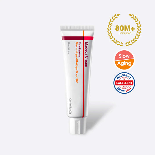 Tube of Centellian24 Madeca Cream Time Reverse with 80 million units sold badge, derma test certification & slow aging badges on a white background