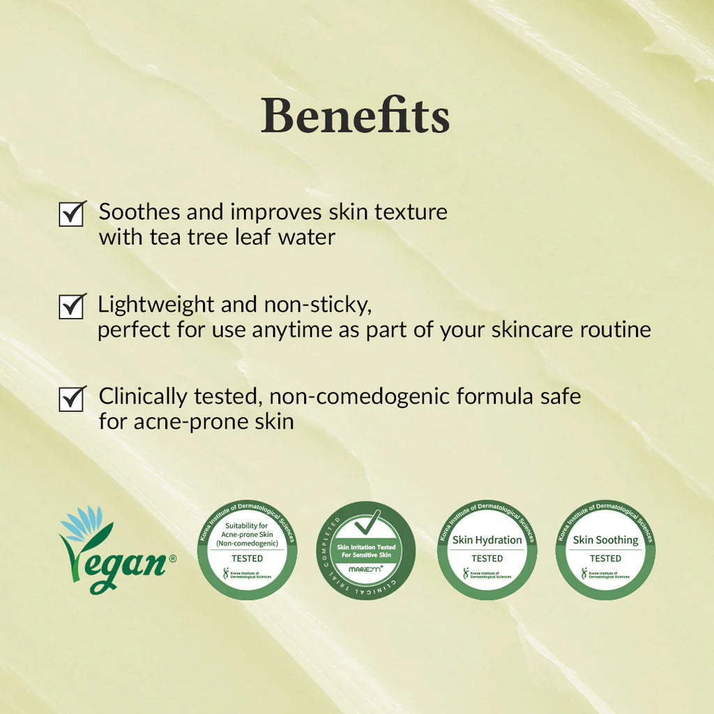 Dr. Althea 345 Relief Cream benefits listed as soothes and improves skin texture with tea tree leaf water, lightweight and non-sticky, clinically tested, non-comedogenic formula safe for acne-prone skin