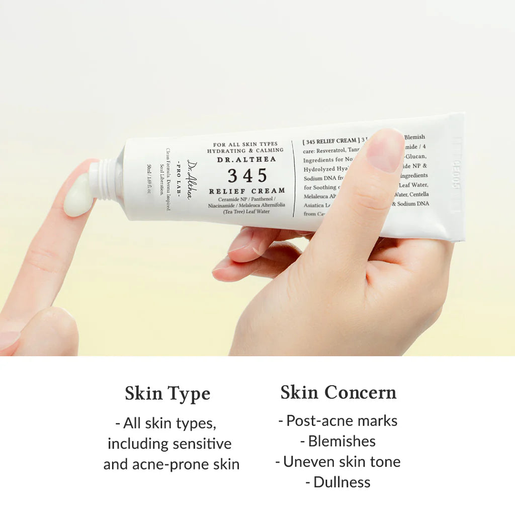 Hand holding a tube of Dr. Althea 345 Relief Cream with text highlighting it is suitable for All Skin Types including sensitive and acne prone skin & is good for Post-acne marks blemishes and uneven skin tone and dullness