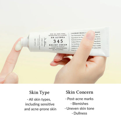 Hand holding a tube of Dr. Althea 345 Relief Cream with text highlighting it is suitable for All Skin Types including sensitive and acne prone skin & is good for Post-acne marks blemishes and uneven skin tone and dullness