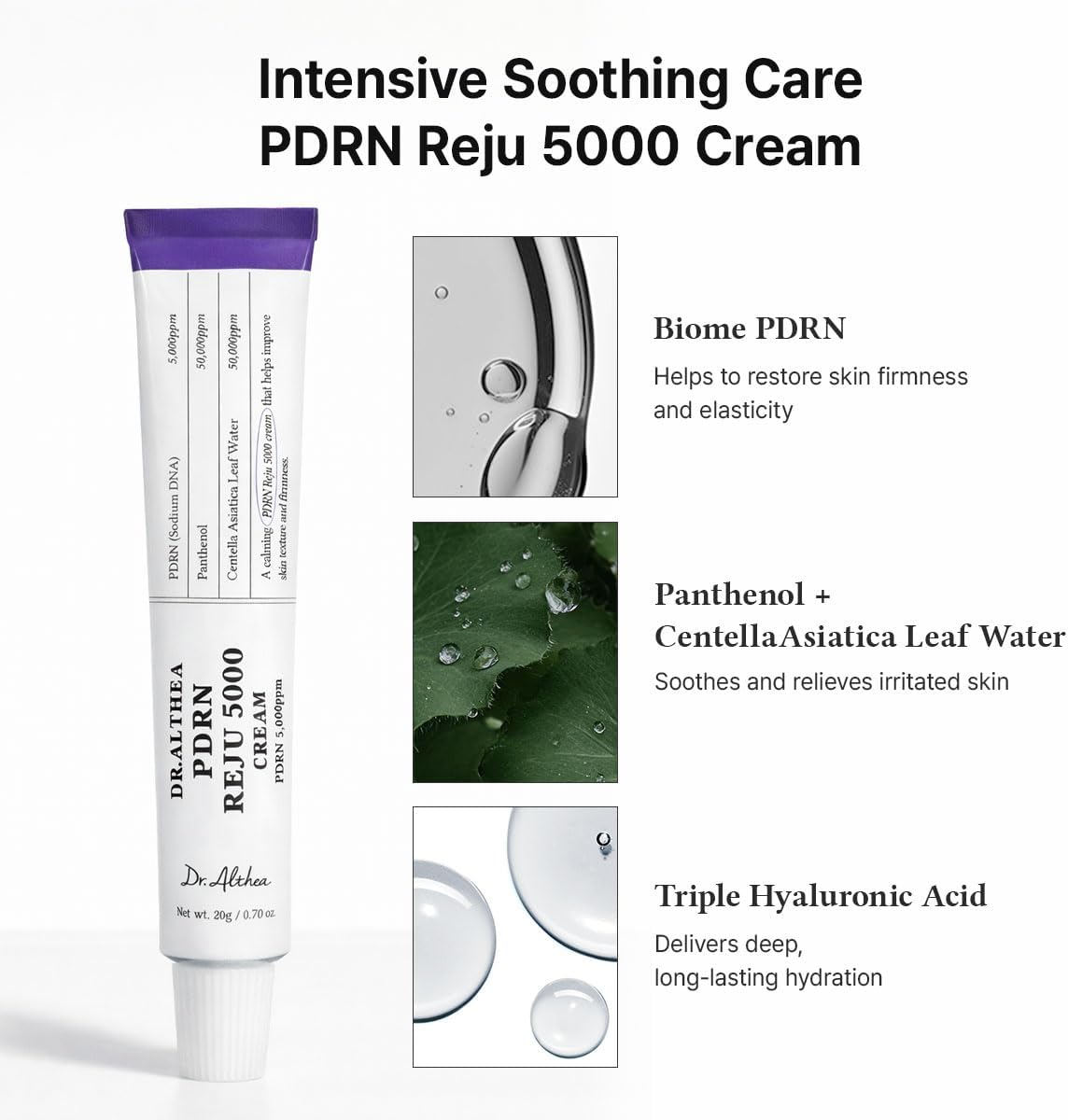 Dr. Althea PDRN Reju 5000 Cream tube with key ingredients listed as Biome PDRN, Panthenol, Centella Asiatica Leaf Water & Triple Hyaluronic Acid. 