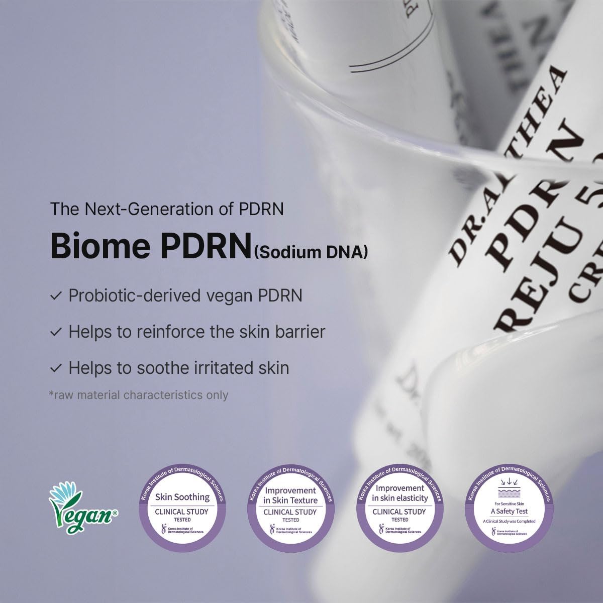 Dr. Althea PDRN Reju 5000 Cream with text highlighting what benefits Biome PDRN (Sodium DNA) provides including helping to reinforce skin carrier and soothe irritated skin