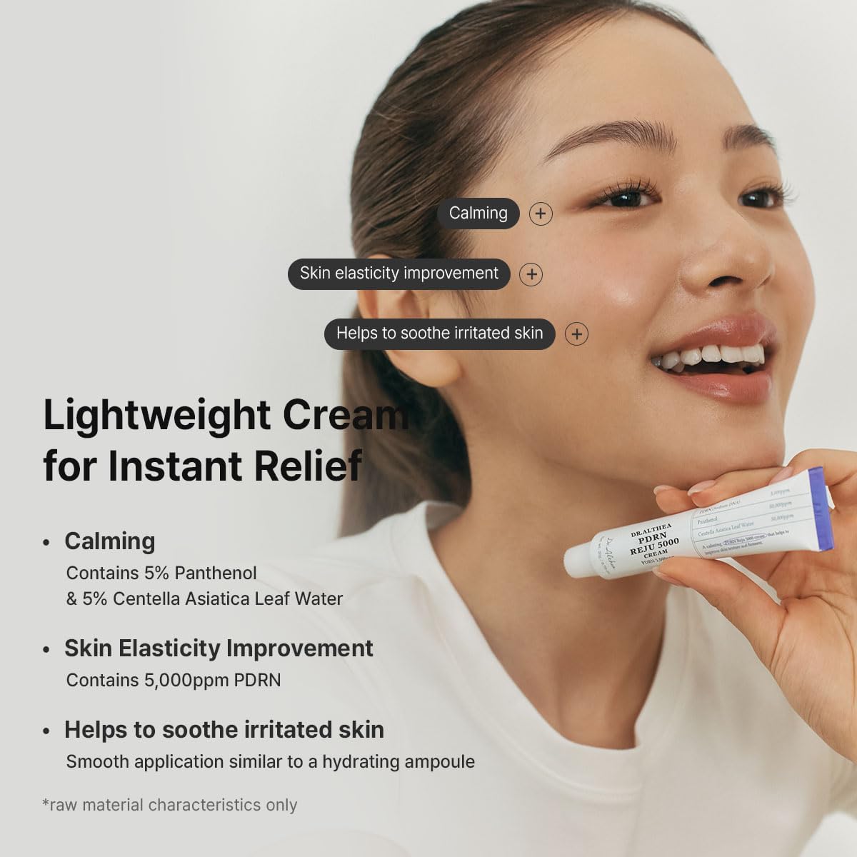 Woman holding a tube of Dr. Althea PDRN Reju 5000 Cream with product benefits and features highlighted 