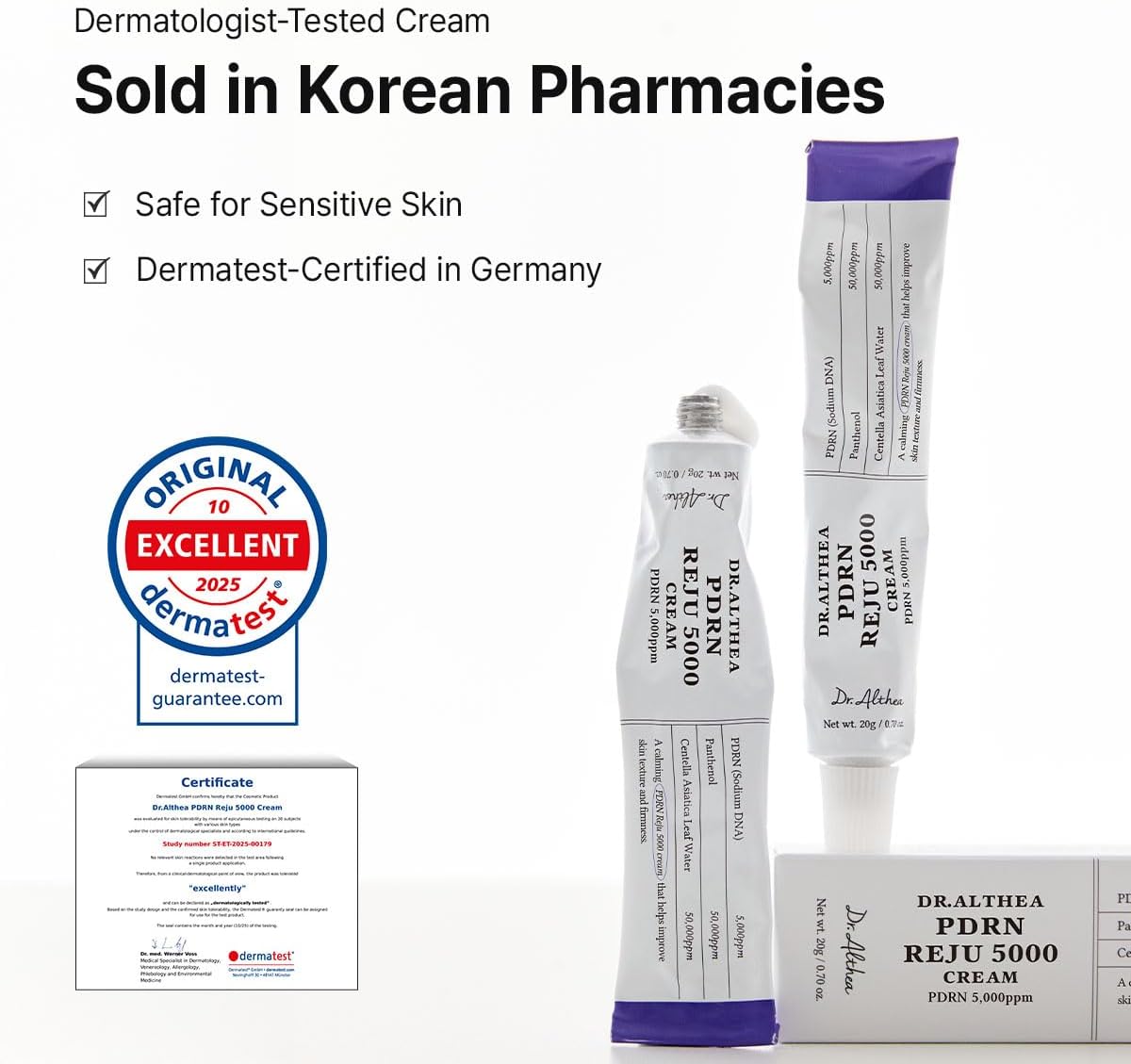 Dr. Althea PDRN REJU 5000 Cream packaging with dermatologist-tested certification and text highlighting it is sold in Korean Pharmacies