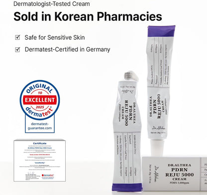 Dr. Althea PDRN REJU 5000 Cream packaging with dermatologist-tested certification and text highlighting it is sold in Korean Pharmacies