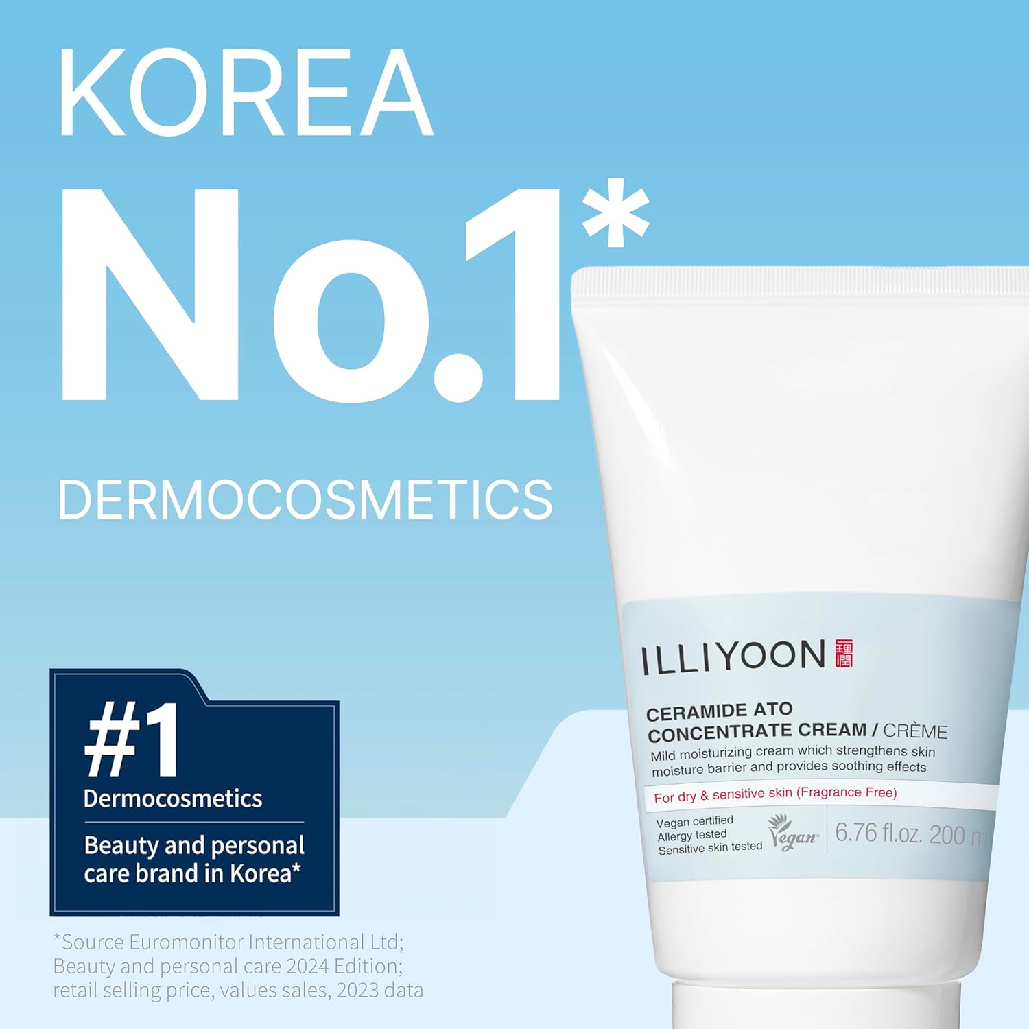 Illiyoon ceramide ATO concentrate cream with 'Korea No.1 Dermocosmetics' text on a blue background