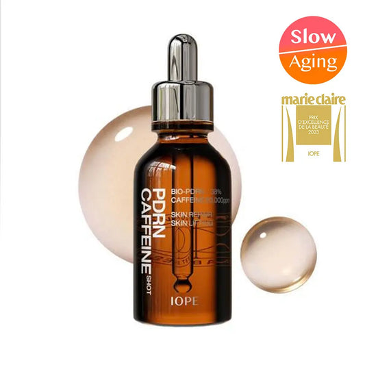 IOPE PDRN Caffeine Shot skincare serum bottle with a 2023 marie claire award on a white background