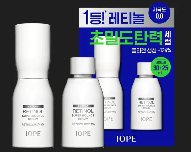 IOPE Retinol Super Bounce Serum special set with blue and white packaging on a black background