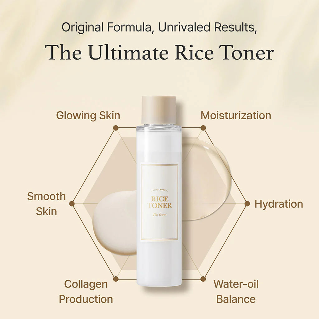 I'm from Rice Toner bottle with benefits highlighted as Glowing skin, moisturisation, hydration, water-oil balance, collagen production, smooth skin.
