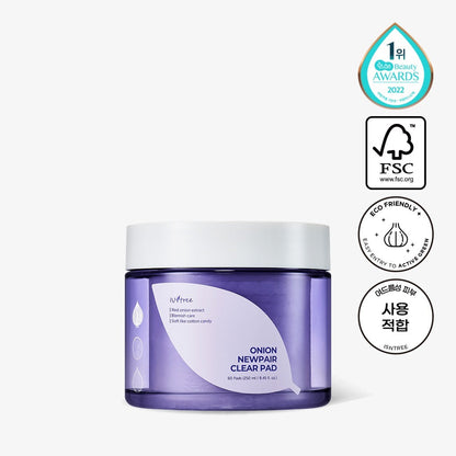 Isntree Onion Newpair Clear Pad Purple jar with white lid featuring FSC certification logo and an award from Hwahae 2022