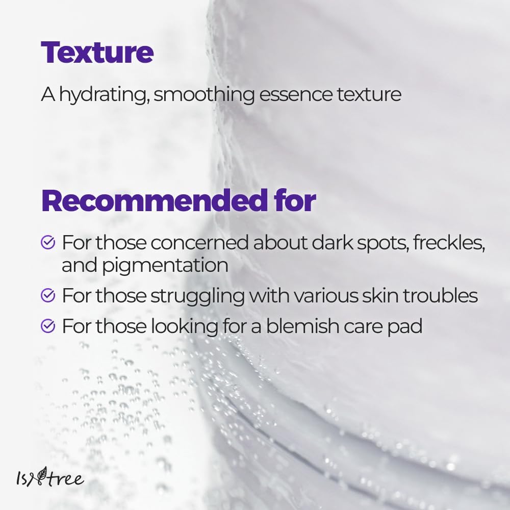 Isntree Onion Newpair Clear Pad text highlighting the pads texture and that is it recommended for those with dark spots, freckles and pigmentation or those looking for a blemish care pad