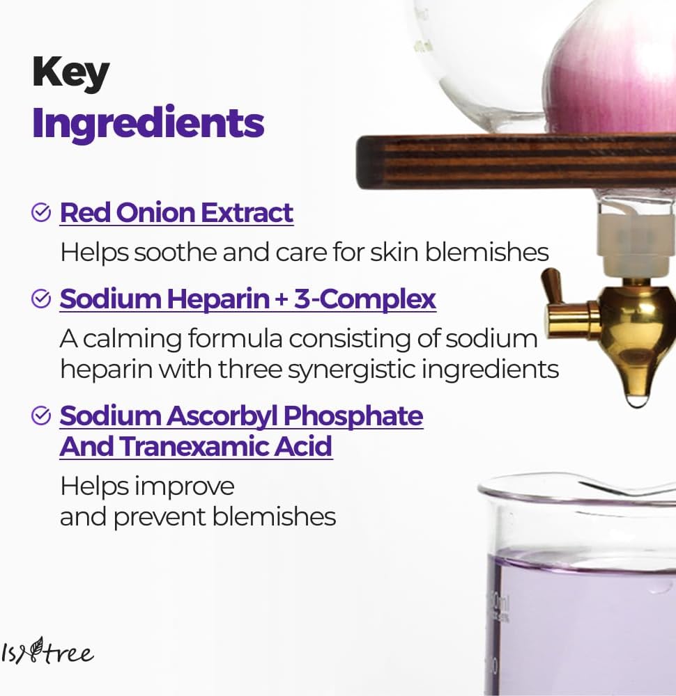 Isntree Onion Newpair Clear Pad key ingredients listed, including Red Onion Extract, Sodium Heparin + 3-Complex and Sodium Ascorbyl Phosphate and Tranexamic Acid. 