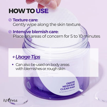 Isntree Onion Newpair Clear Pad jar with text on usage instructions