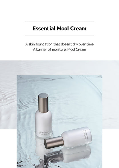 Two JUNGSAEMMOOL Essential Mool Cream bottles with a water background and text highlighting benefits of skin foundation not drying over time and to provide a barrier of moisture for the skin