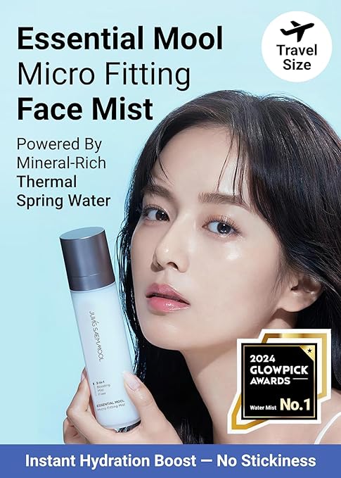 Lady holding JUNGSAEMMOOL Essential Mool Micro Fitting Mist with text highlighting it is powered by mineral-rice thermal sprint water and good for travel for instant hydration without stickiness