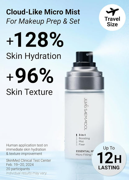 JUNGSAEMMOOL Essential Mool Micro Fitting Mist with text on 128% skin hydration and 96% texture improvement, travel size label, and 12-hour lasting claim.