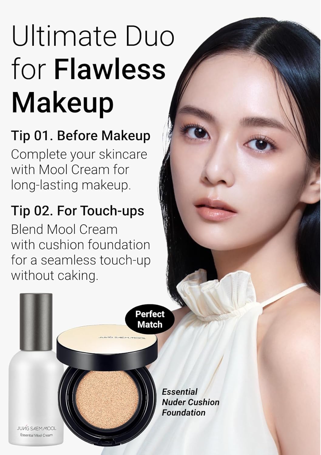 Advertisement for the ultimate Duo - JUNGSAEMMOOL Essential Mool Cream and JUNGSAEMMOOL Essential Nuder Cushion Foundation with a model and product display.