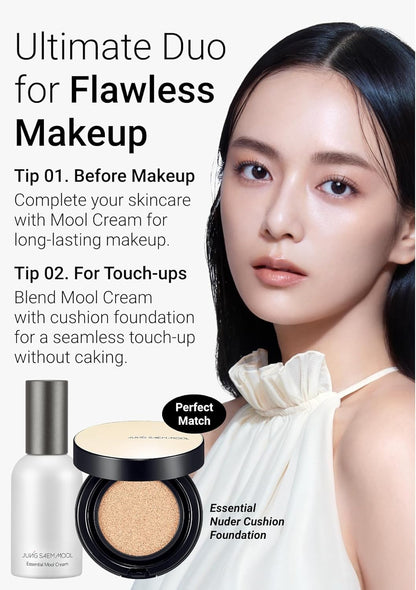 Advertisement for the ultimate Duo - JUNGSAEMMOOL Essential Mool Cream and JUNGSAEMMOOL Essential Nuder Cushion Foundation with a model and product display.