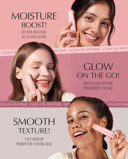 Three women using Kahi Wrinkle Bounce Multi Balm for three different uses being Moisture boost, glow on the go and to smooth texture