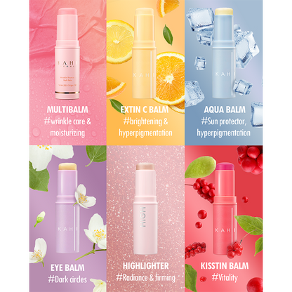 KAHI Collection of skincare balms with colorful packaging for each and each product being used for a different purpose