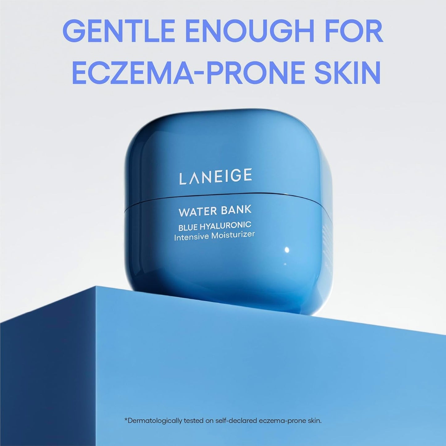 LANEIGE Water Bank Blue Hyaluronic Intensive Cream container with text about it being gentle enough for eczema-prone skin.