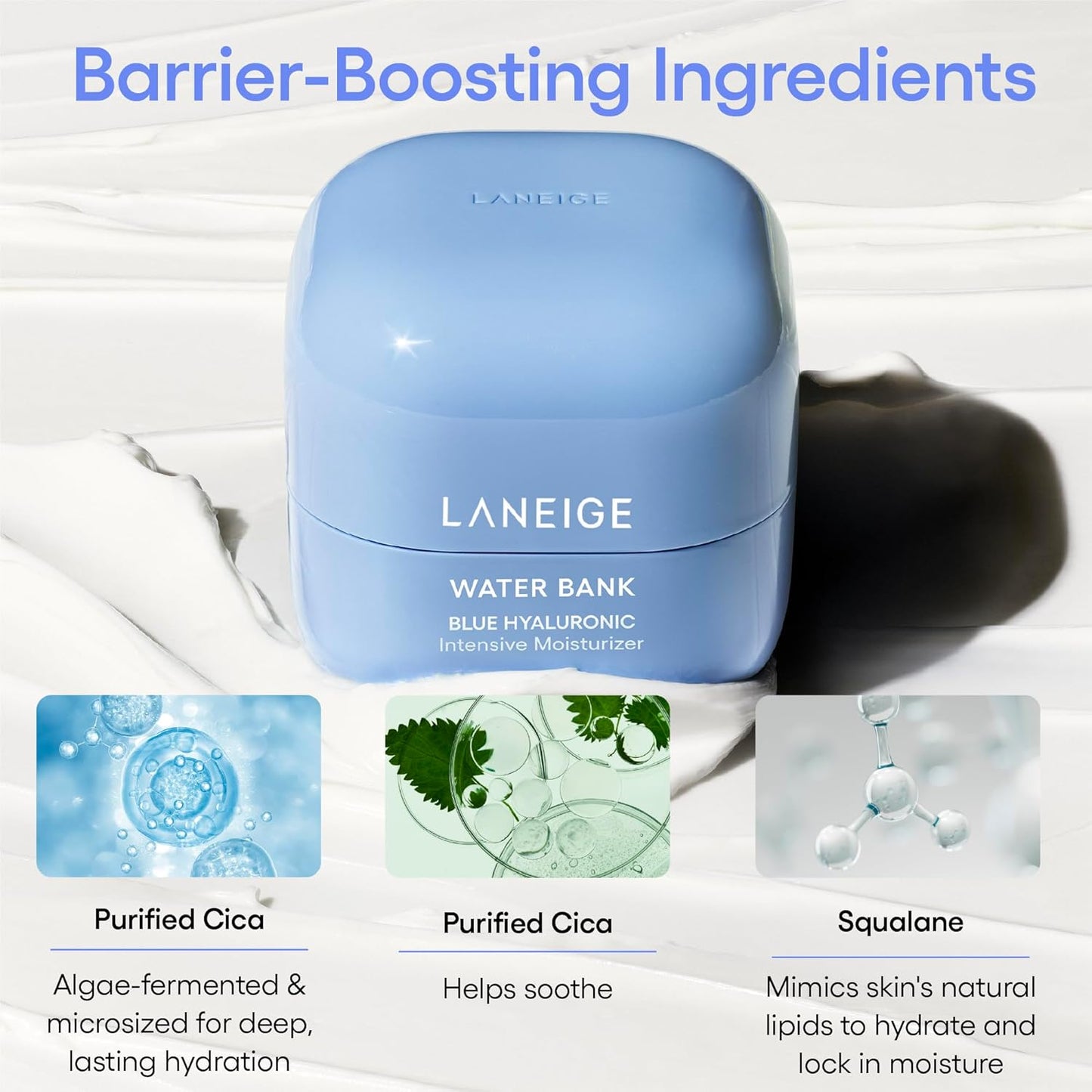 Laneige Water Bank Blue Hyaluronic Intensive Moisturizer with key ingredients displayed as Purified Cica & Squalane