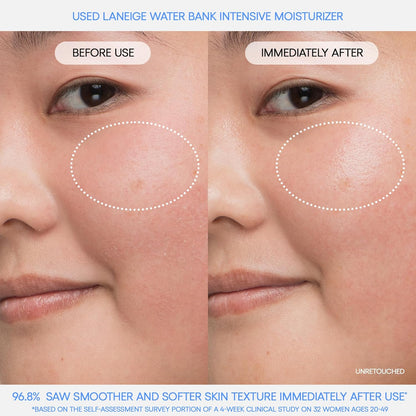 Before and after comparison of Laneige Water Bank Intensive Moisturizer on a person's face immediately after use