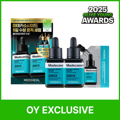 MEDIHEAL Madecassoside Blemish Repair Serum double set featuring 2025 Olive Young Awards text