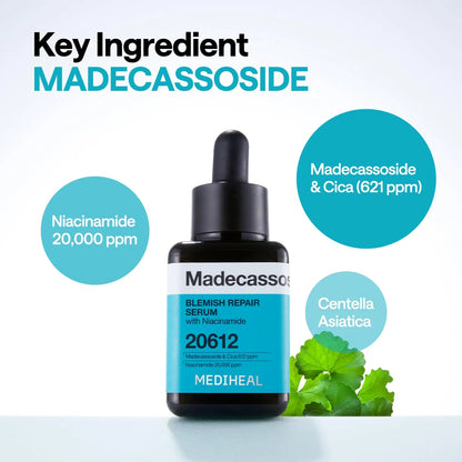 MEDIHEAL Madecassoside Blemish Repair Serum bottle with key ingredients highlighted as Madecassoside, cica, niacinamide and centella asiatica