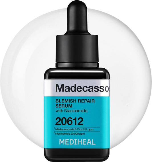 MEDIHEAL Madecassoside Blemish Repair Serum bottle with dropper on a white background