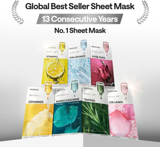 Various Mediheal sheet masks with various ingredients and a global bestseller title stating Mediheal sheet masks have been the global best seller for 13  consecutive years.