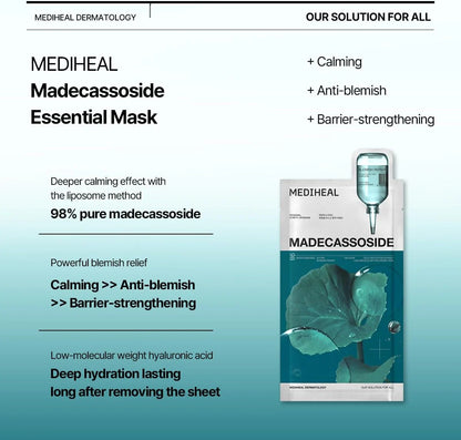 Advertisement for MEDIHEAL Madecassoside Essential Mask Sheet Blemish Repair with product ingredients and benefits listed as 98% madecassoside for deeper calming effect and anti-blemish and barrier strengthening and hyaluronic acid for deep hydration