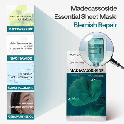 MEDIHEAL Madecassoside Essential Mask Sheet Blemish Repair with key ingredients highlighted as Madecassoside (anti-inflammatory), Niacinamide (minimize pores and reduce redness), Sodium Hyaluronate (hydration and anti-inflammatory), Cerapanthanol (moisturisation and strengthen skin barrier)