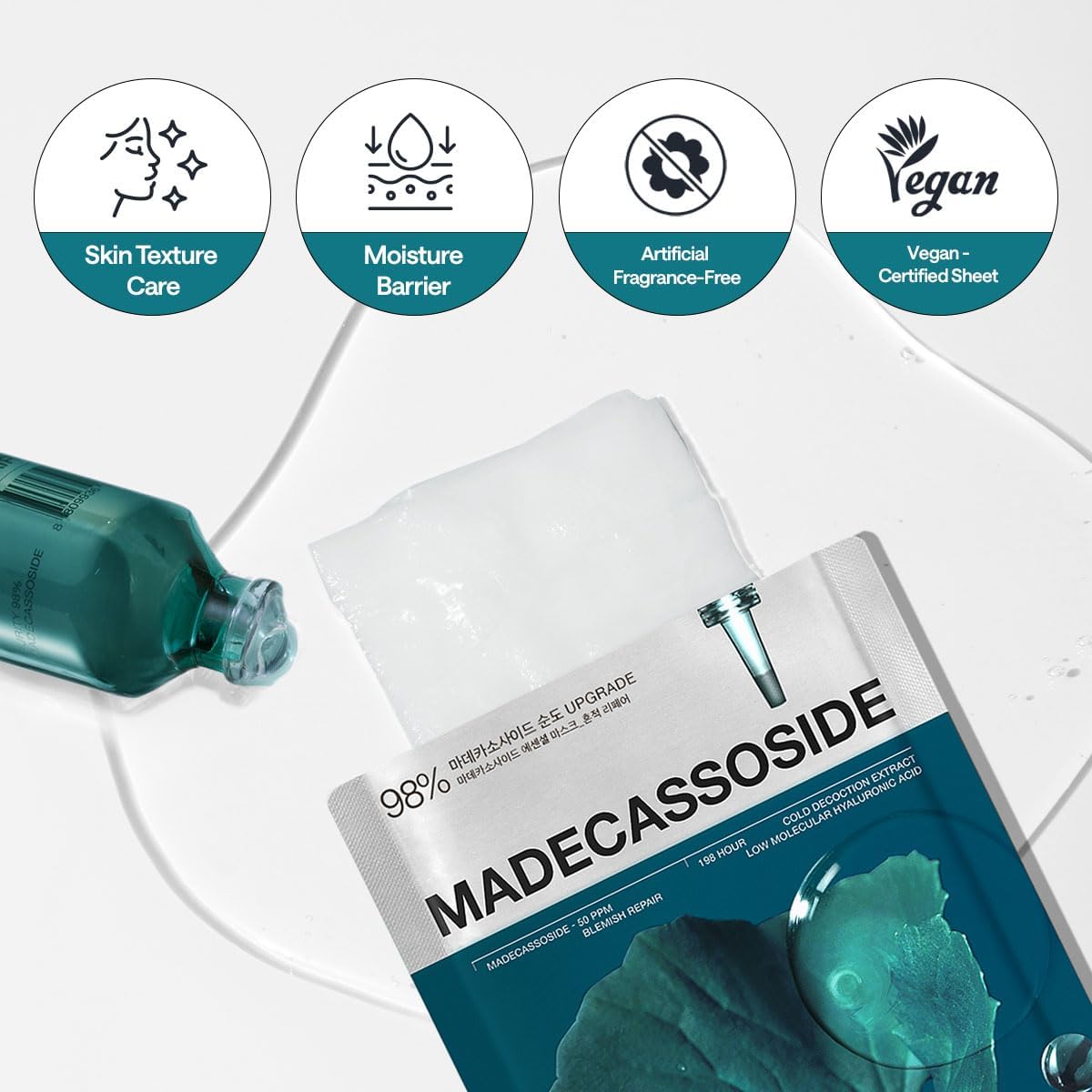 MEDIHEAL Madecassoside Essential Mask Sheet Blemish Repair sheet shown with key product highlights of skin texture care, moisture barrier, artificial fragrance free and vegan certified 
