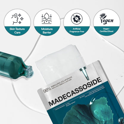 MEDIHEAL Madecassoside Essential Mask Sheet Blemish Repair sheet shown with key product highlights of skin texture care, moisture barrier, artificial fragrance free and vegan certified 