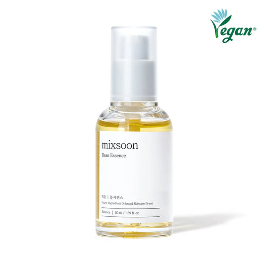 Skincare bottle labeled 'mixsoon Bean Essence' with a vegan logo on a white background