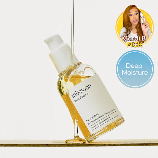 Bottle of 'mixsoon' Bean Essence with Cardi B holding a bottle in the corner and 'Deep Moisture' label.