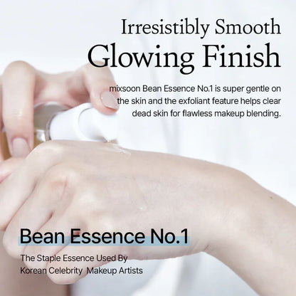Advertisement for Mixsoon Bean Essence stating it is the no. 1 essence used by Korean celebrity makeup artists with a hand applying product and text stating it is super gentle on the skin and exfoliant feature helps clear dead skin for flawless makeup blending