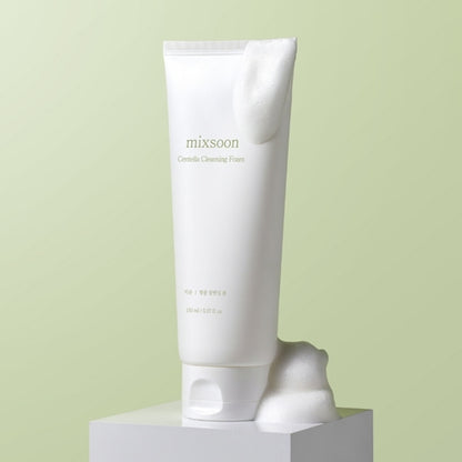 Cleansing foam tube with 'mixsoon Centella Cleansing Foam' on a light green background