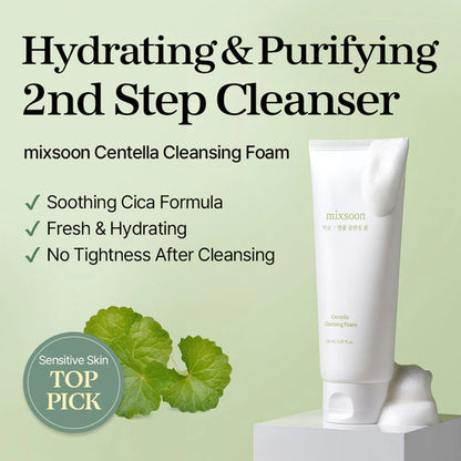 mixsoon Cleansing foam tube with green leaf graphic and text on a light green background with text to say how hydrating and purifying it is