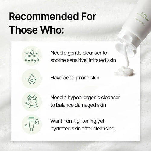 mixsoon centella Cleanser bottle with text indicating uses for sensitive skin, acne-prone skin, and other skin conditions.
