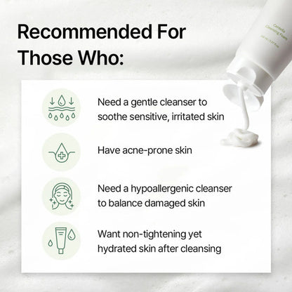 mixsoon centella Cleanser bottle with text indicating uses for sensitive skin, acne-prone skin, and other skin conditions.