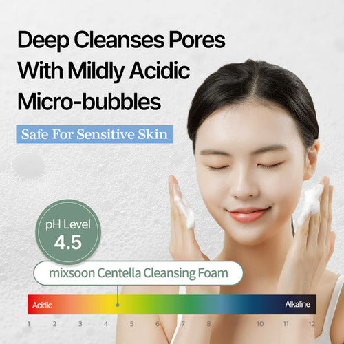 Advertisement for mixsoon Centella Cleansing Foam with a woman using the product, pH level indicator showing PH level of 4.5 and text about benefits.