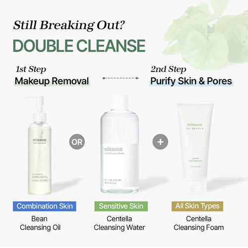 Cleansing product lineup with labels for different skin types and cleansing steps.  Bean Cleansing oil for combination ski n, Centella Cleansing water for sensitive skin and Centella cleansing foam for all skin types